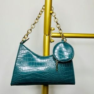 Faux Croc Handbag W/Round Purse (Hunter Green)